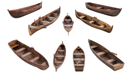 Set of wooden boats isolated on white background