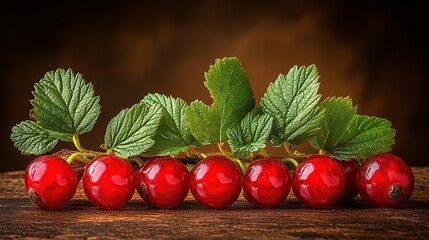 Red currant berries with leaves on wooden surface, studio shot