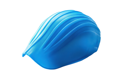Vibrant blue swimming cap designed for competitive swimming in a bright, minimal setting isolated on transparent background