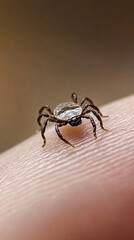Close-up shot of a tick on human skin, showcasing the parasite's detailed features and texture, highlighting the risks of tick bites and the importance of awareness.