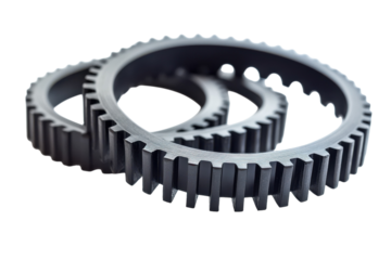 Precision-engineered timing belts lying on a reflective surface with subtle shadows playing isolated on transparent background