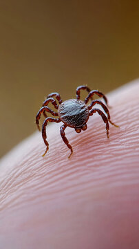 Macro shot of a tick on a human fingertip, showcasing the detailed body and legs of the parasite, highlighting its size and position on the skin, symbolizing potential health risks.