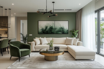 Home interior, A living room with green walls, a large ivory sofa and round glass coffee table. The walls feature green paneling. a painting hanging on the wall.