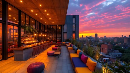 Rooftop bar sunset city view vibrant seating