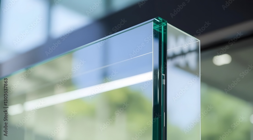 Poster transparent glass panel edge with sharp corner in modern architecture interior
