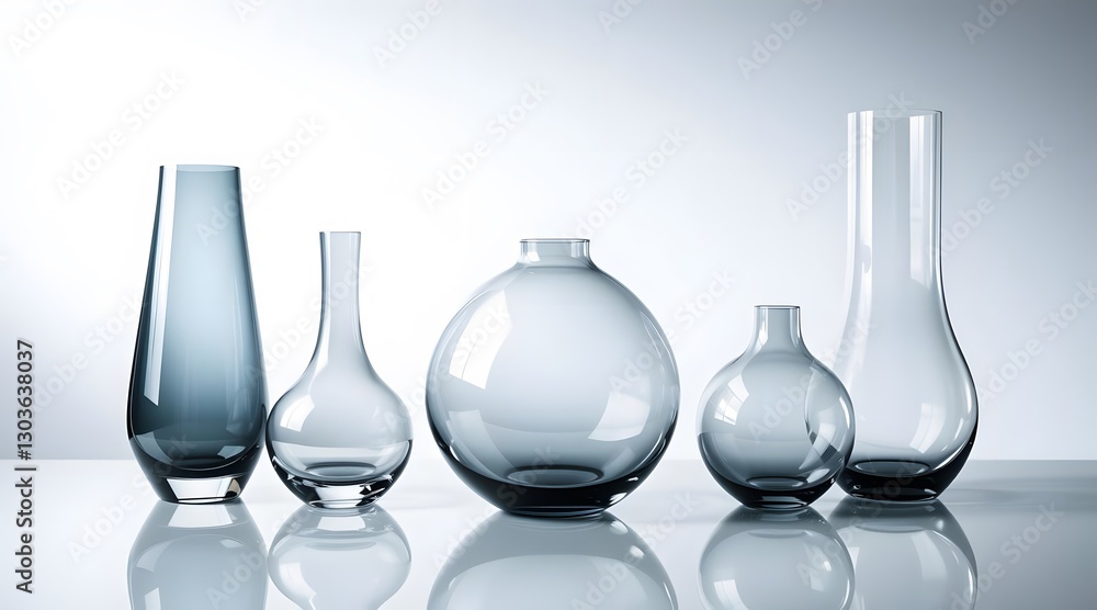 Poster a collection of elegant glass vases in various shapes and sizes, showcasing modern design and minima