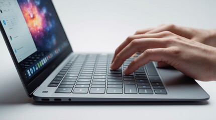 Hands Typing on a Modern Laptop Keyboard with a Vibrant Screen Display