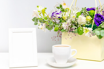 Colorful bouquet.Beautiful flowers.Spring floral romantic morning mockup.Flower shop,florist design,Womens,Valentines,Mother day,cup of coffee.