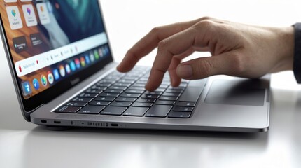 Hand Typing on a Modern Laptop Keyboard with Bright Screen Display