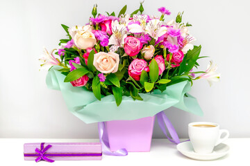 Colorful bouquet.Beautiful flowers,gift jewelry box.Spring floral romantic mockup.Flower...