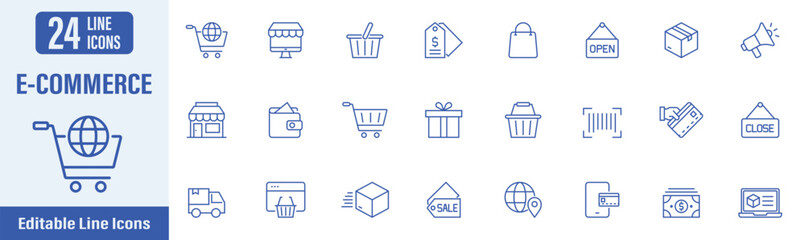 E-commerce Line Editable Icons set. Contains icons as shopping cart, online shopping, mobile shop, delivery and more. Vector illustration.