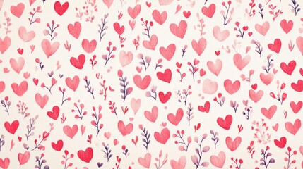 A patterned background featuring hearts and floral elements in soft pink and purple hues.