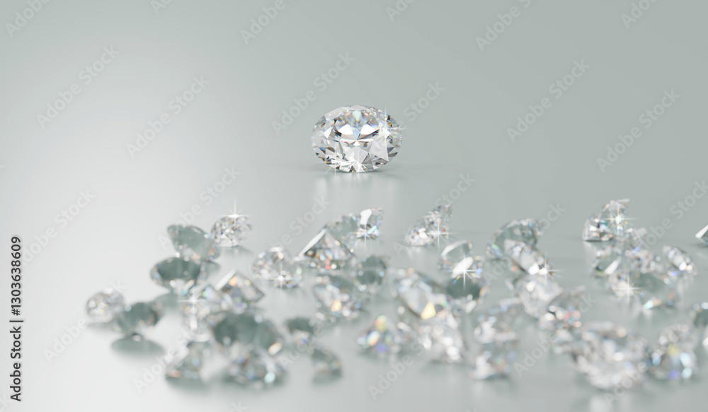 Poster round brilliant diamonds group placed on glossy background 3d rendering main object focusing