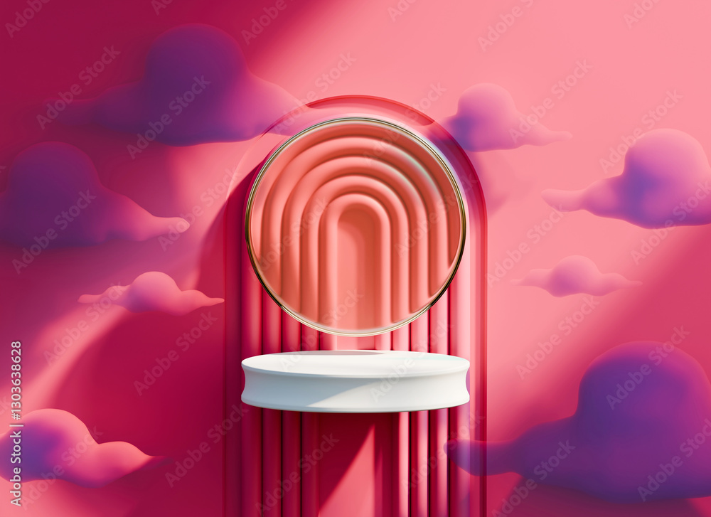 Poster white podium minimal for product display showcase with cloud and pink background 3d rendering