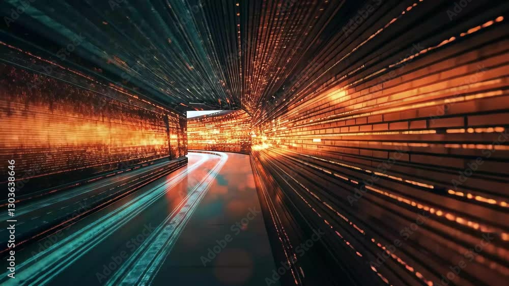 Poster Moving through a digital tunnel filled with glowing light and color, Moving through digital tunnel with glowing shining virtual elements