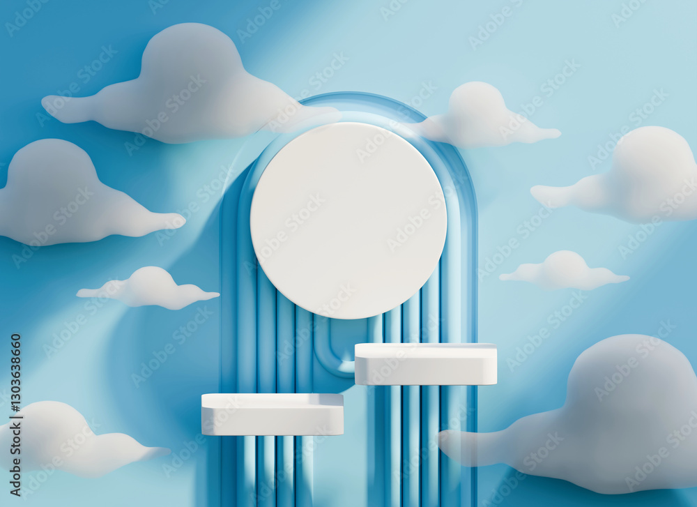 Poster white podium minimal for product display showcase with cloud and blue background 3d rendering
