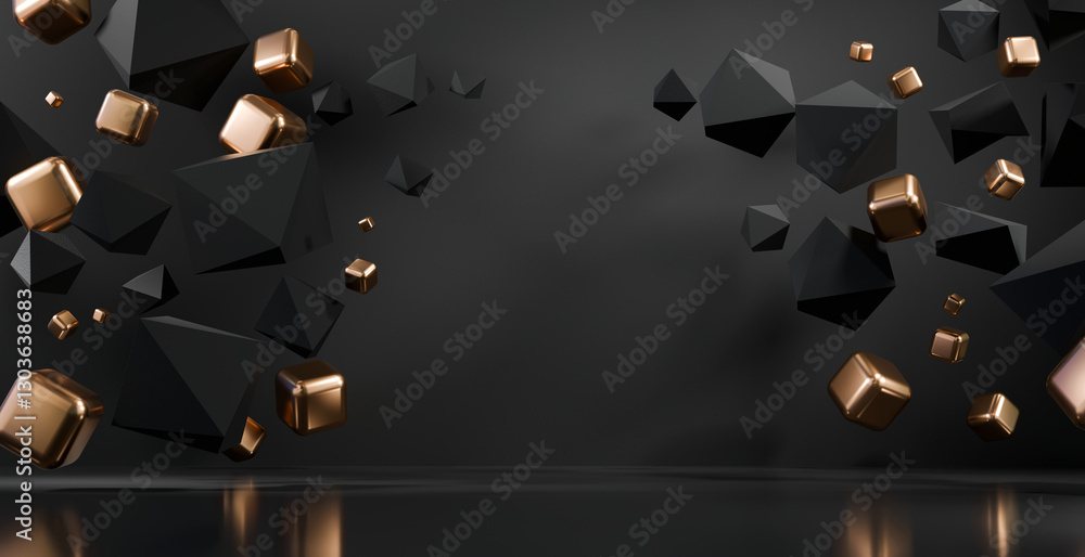 Poster abstract architecture black and gold geomatry objects studio room background 3d rendering