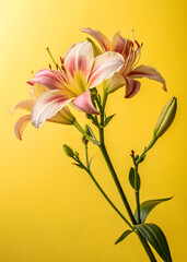 Obraz premium Close-Up of Pink and White Flowers with Gradient Petals and Green Stems Against a Yellow Background