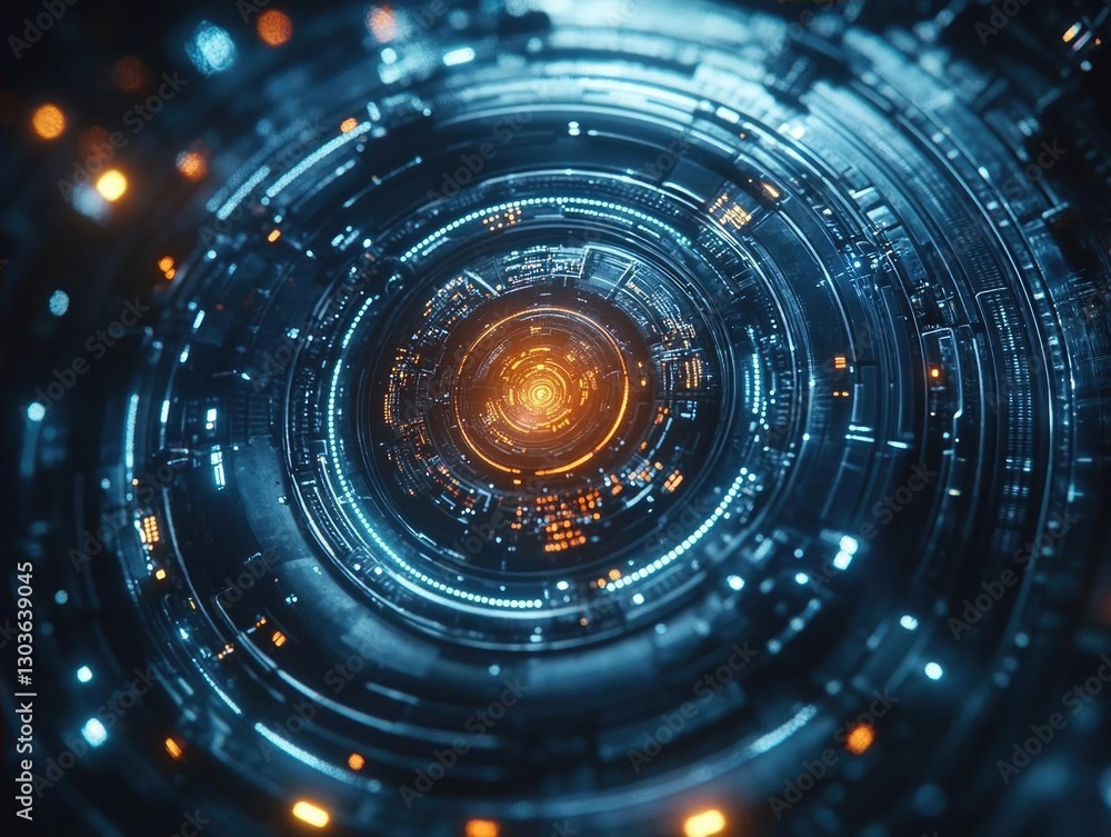 Poster futuristic abstract digital vortex with glowing circuits and lights, creating a sci-fi atmosphere