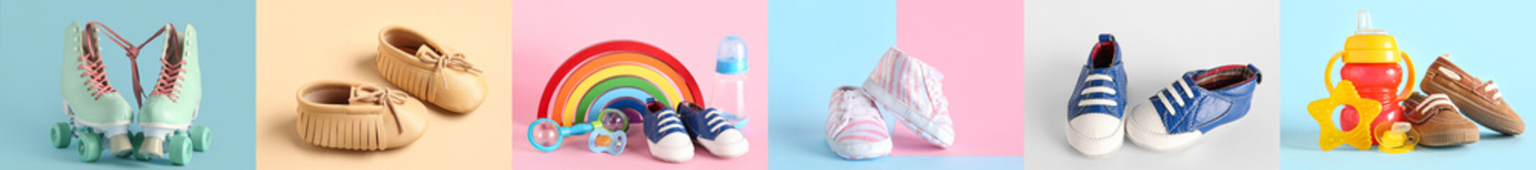 Set of stylish children's clothes with accessories on color background