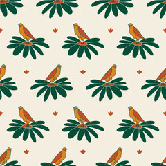 Exotic vector parrot on flower seamless pattern design. Cute for animal and jungle themed fabrics or projects. 