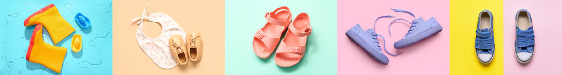 Set of stylish children's clothes with toys and bib on color background, top view