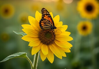 Naklejka premium Monarch Butterfly on Sunflower: A Serene Summer Meadow