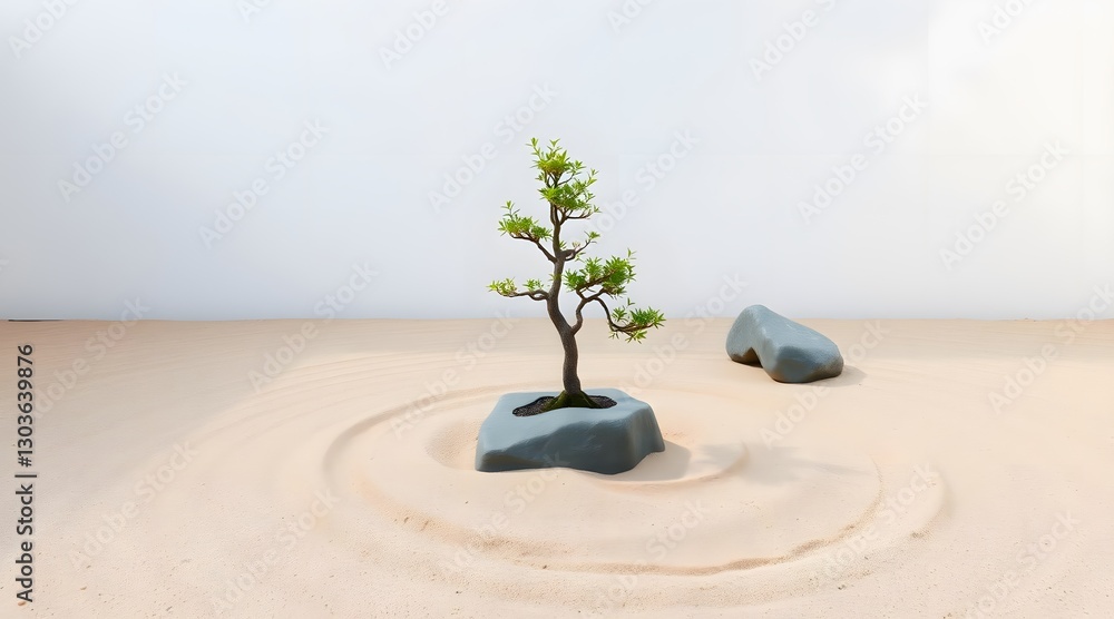 Poster a serene zen garden featuring a small tree on a rock, surrounded by smooth sand patterns, creating a
