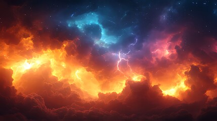 Fototapeta premium Fiery cosmic storm cloudscape, lightning, stars; digital art, fantasy background