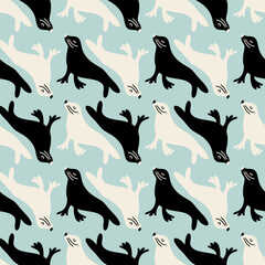 Blue vector seamless pattern with cute seals. Perfect for marine themed projects! Abstract animal repeat pattern with funny sea lions. 