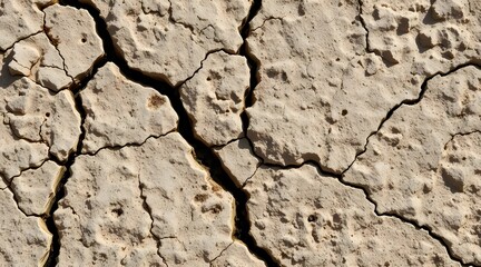Fototapeta premium A close-up view of dry soil with intricate cracks, highlighting the texture and patterns formed by drought and natural erosion in an arid landscape. 
