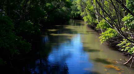 Serene river scene surrounded by lush greenery, reflecting sunlight and offering a peaceful natural escape in a vibrant ecosystem.  