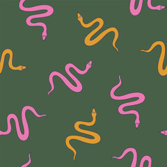 Cartoon pink and yellow snakes vector seamless pattern. Flat style perfect for kids collections, fabric, wallpaper etc. 