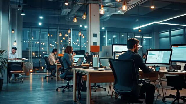 Call center operators consult clients in a modern office environment during evening hours, call center operators consulting clients from a modern office