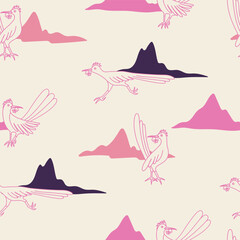 Desert birds illustration vector seamless pattern. Western landscape with mountains and roadrunners. For wallpaper, children's clothing design etc. 