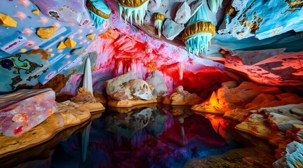Fototapeta premium Vibrant underground cave with colorful rock formations and reflective water creates a mystical atmosphere perfect for exploration and adventure. 
