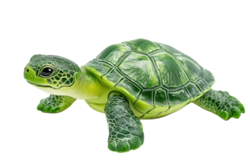 A vibrant green turtle figurine basking in bright light, showing its charm and detail isolated on transparent background