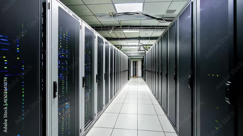 Poster data processing in a modern server room equipped with racks, cables, and cooling systems, data proce
