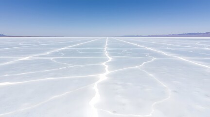 Stunning salt flat landscape under a clear blue sky, showcasing unique texture patterns and a serene, vast environment perfect for nature photography.   