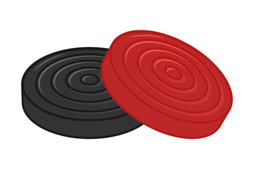 Red and black checkers or draughts board game pieces in realistic vector style