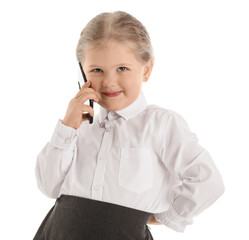 Funny little businesswoman talking by mobile phone on white background
