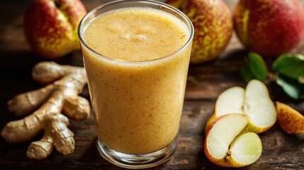 Glass of apple ginger smoothie beside fresh apples on a wooden table