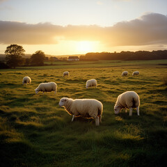 Fototapeta premium Flock of Sheep Grazing on a Rolling Green Pasture at Sunset