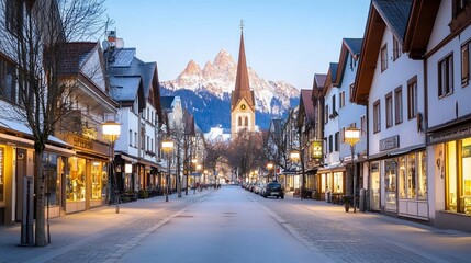 Naklejka premium Alpine town street dawn, snowy mountains