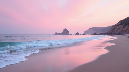 Fototapeta premium soft pink hues dominate serene landscape photograph gentle waves gently lapping shore soothing natural