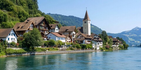 Fototapeta premium Alpine village riverfront church summer