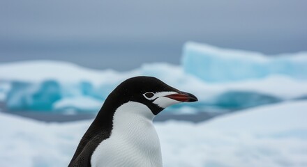 Fototapeta premium Adelie Penguin Close Up Portrait on Ice in Antarctica Wildlife