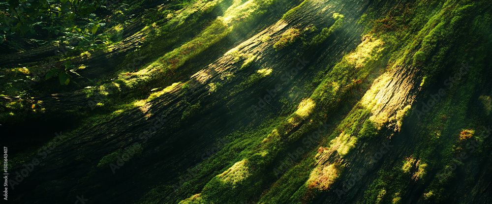 Poster Close-up view of a moss-covered tree trunk with sunlight filtering through, creating patterns of light and shadow, symbolizing nature, growth, and the beauty of the forest.