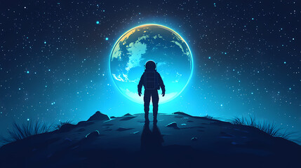 Obraz premium Astronaut silhouette walking towards glowing earth in space with stars and a rocky surface. Wonderment - Forest. Illustration