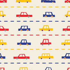 Funny cars. Vector seamless pattern with funny abstract cars in bright colors. Blue, red and yellow cars perfect for kids fabric or wallpaper. 